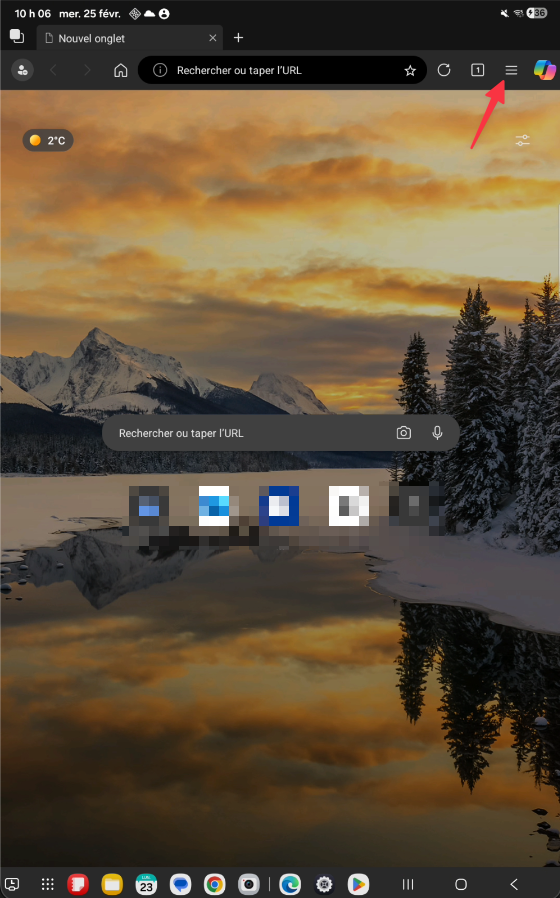 Menu hamburger dans Edge sur tablette Android