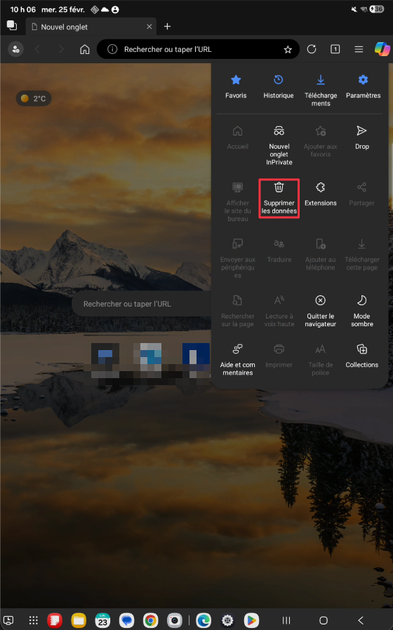 Icône Supprimer les données dans le menu Edge sur tablette Android