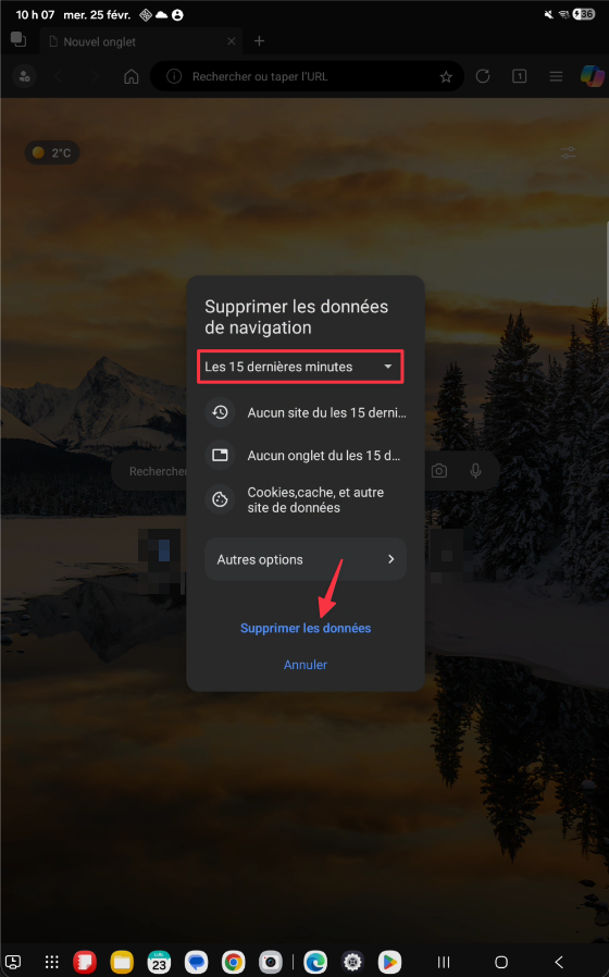 Fenêtre Supprimer les données de navigation dans Edge sur tablette Android