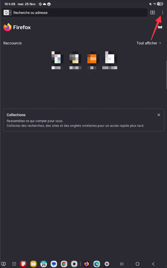 Menu trois points dans Firefox sur tablette Android