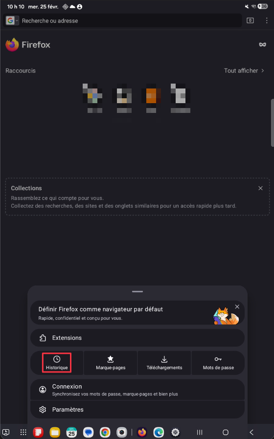 Icône Historique dans le menu Firefox sur tablette Android