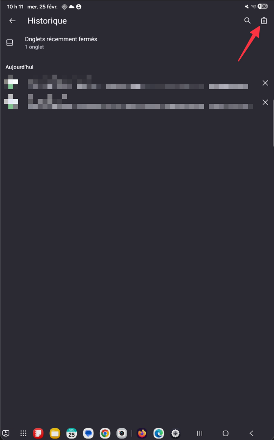 Icône corbeille en haut à droite sur la page Historique de Firefox sur tablette