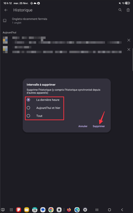 Fenêtre Intervalle à supprimer dans Firefox sur tablette Android