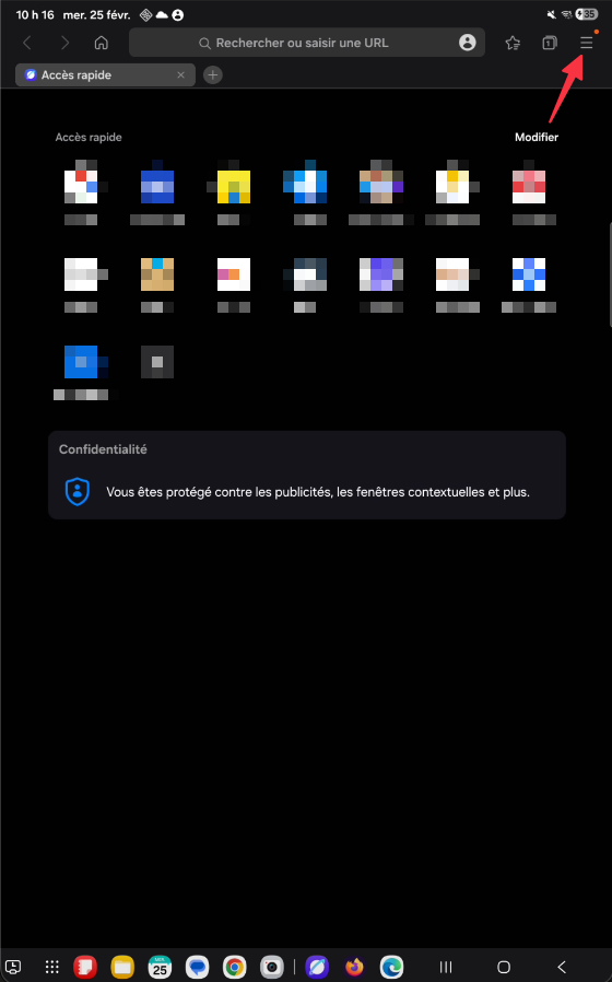 Menu hamburger dans Samsung Internet sur tablette Android