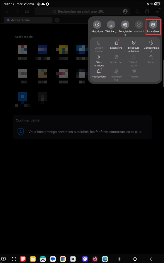 Icône Paramètres dans le menu Samsung Internet sur tablette
