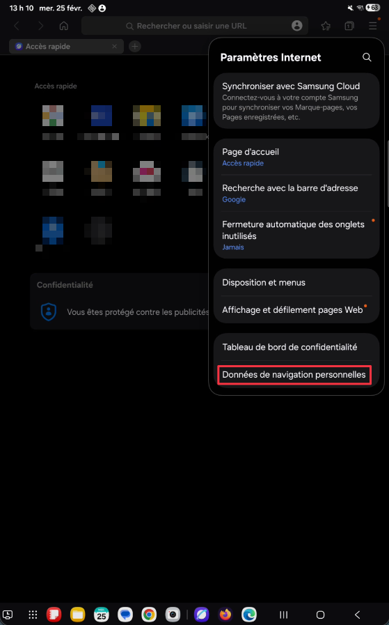 Option Données de navigation personnelles dans les Paramètres Internet de Samsung