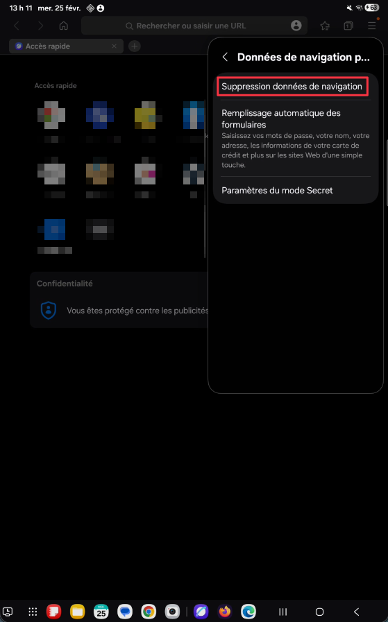 Option Suppression données de navigation dans Samsung Internet sur tablette