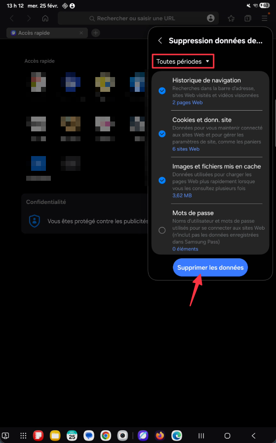 Page Suppression données de navigation dans Samsung Internet sur tablette