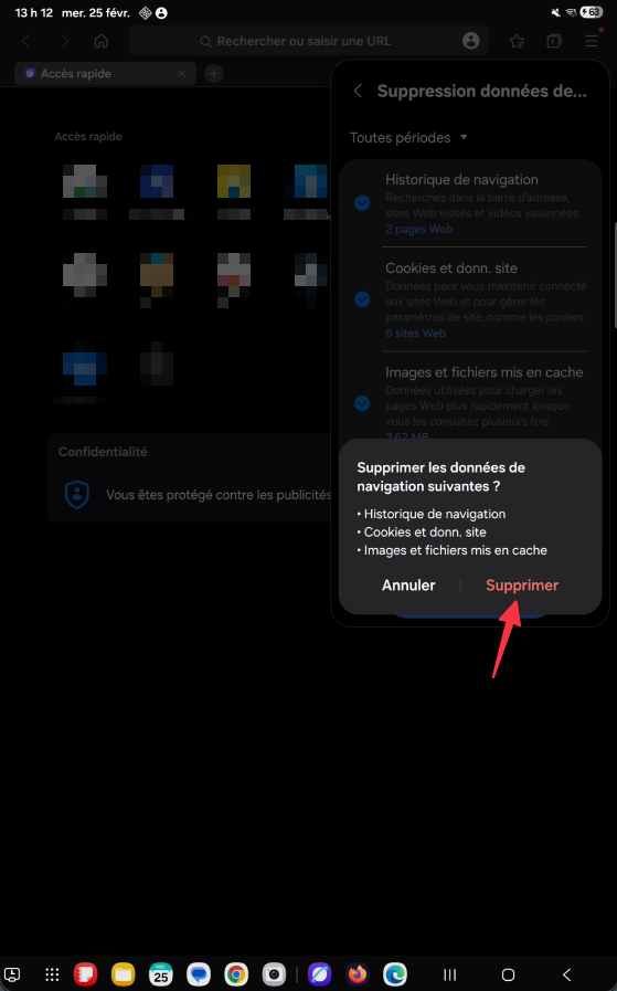 Fenêtre de confirmation de suppression dans Samsung Internet sur tablette