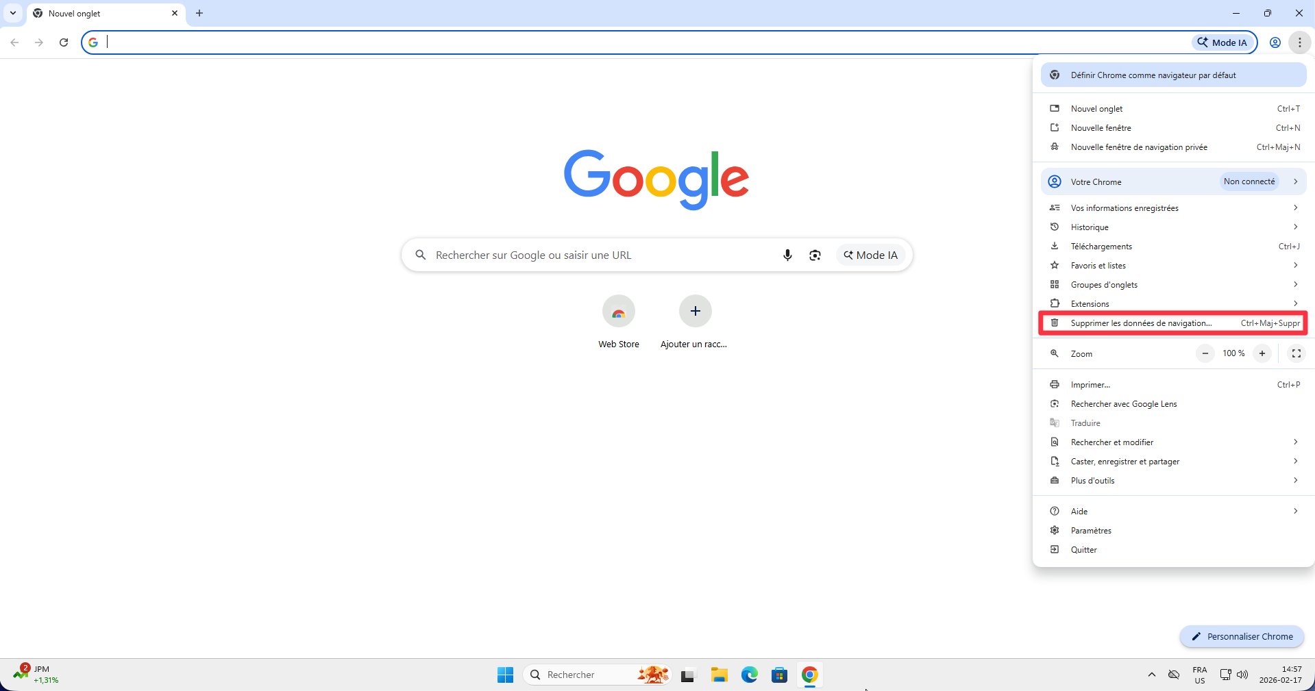 Option Supprimer les données de navigation dans le menu Chrome