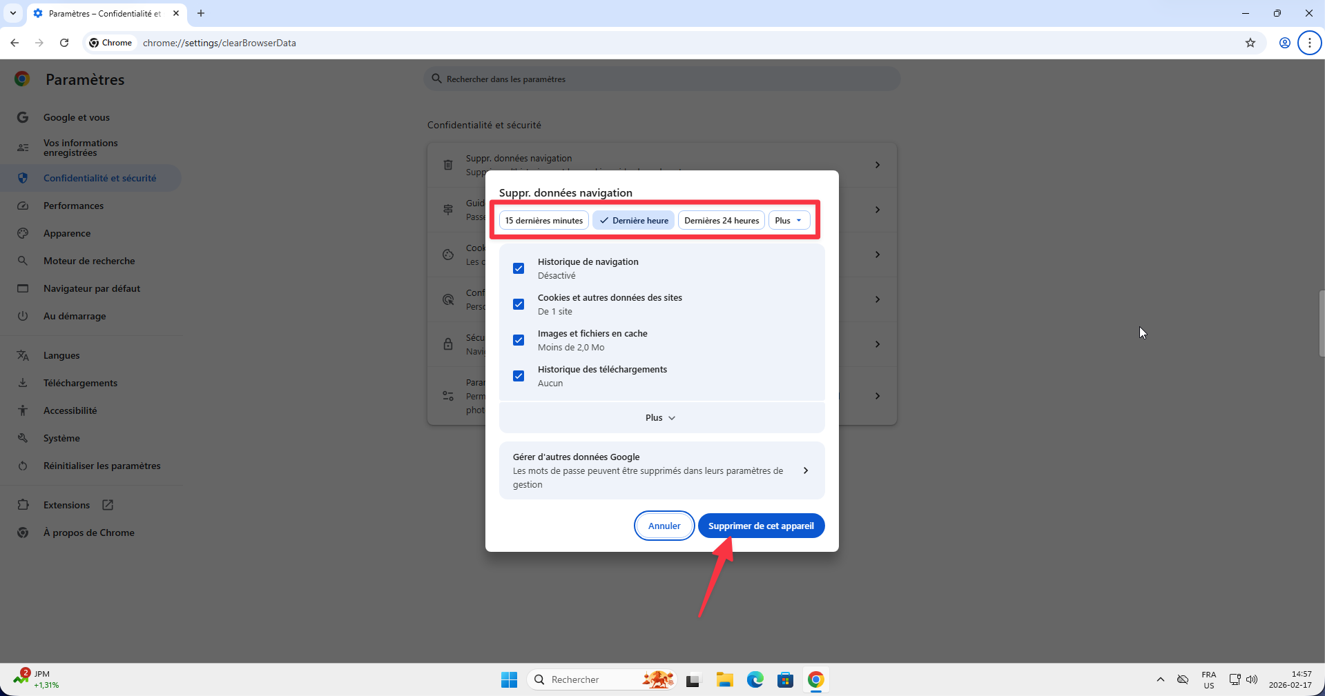 Fenêtre de suppression des données de navigation dans Chrome sur Windows