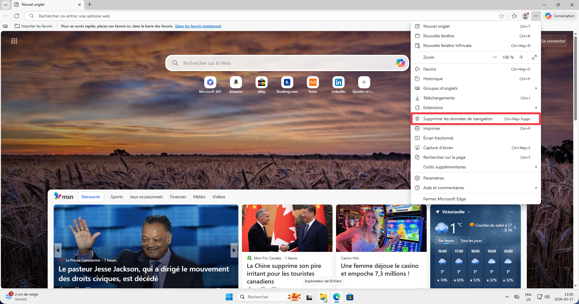 Option Supprimer les données de navigation dans le menu Edge