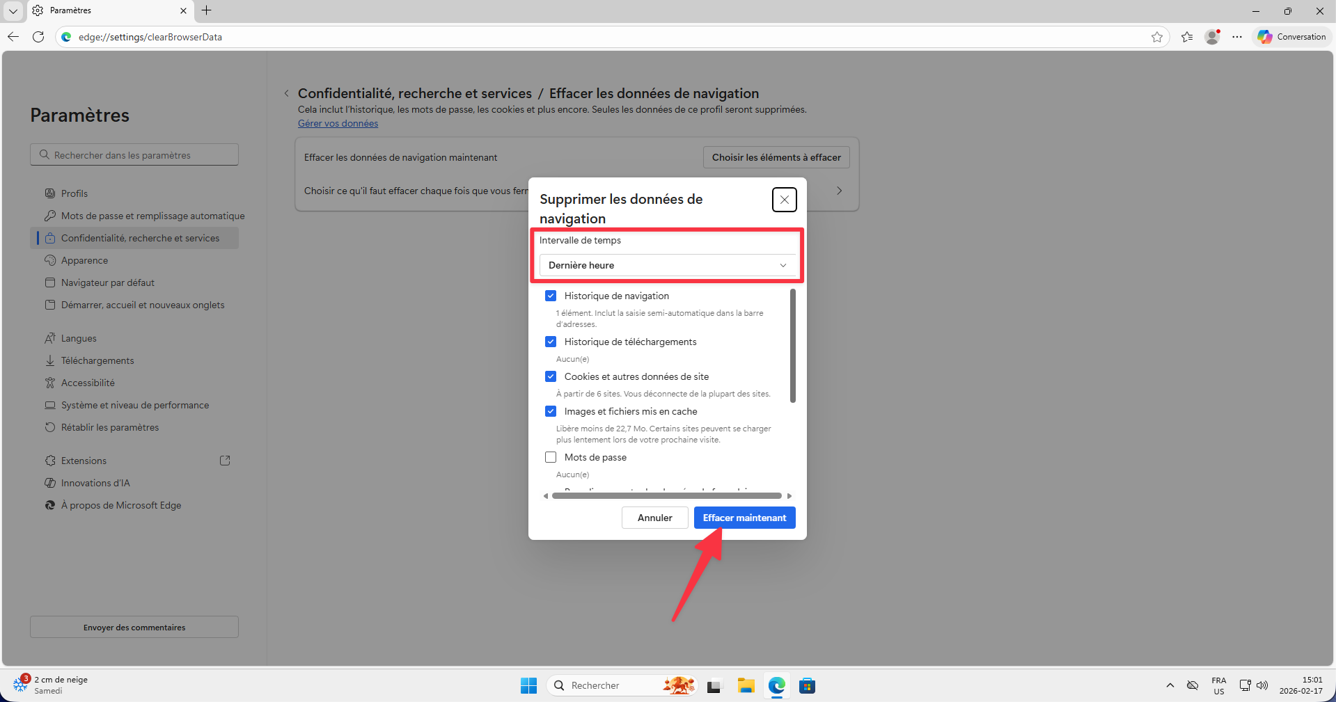Fenêtre Supprimer les données de navigation dans Edge sur Windows