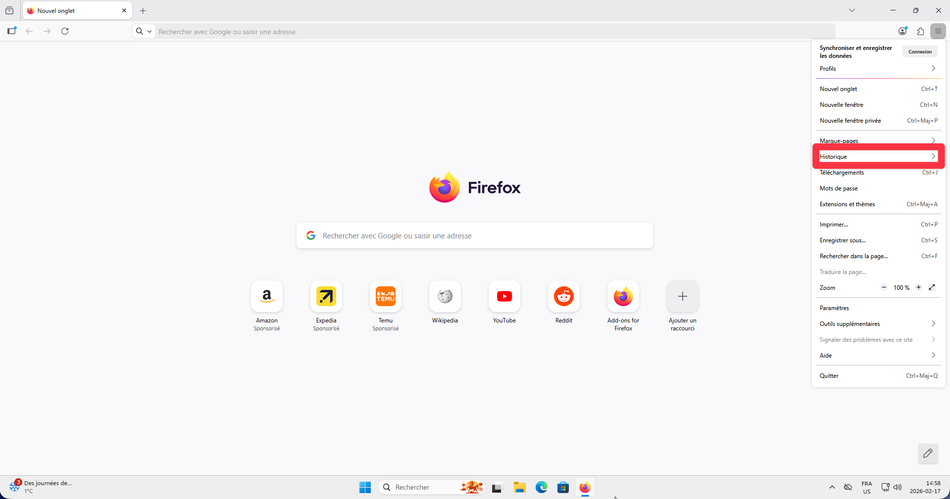 Option Historique dans le menu Firefox sur Windows