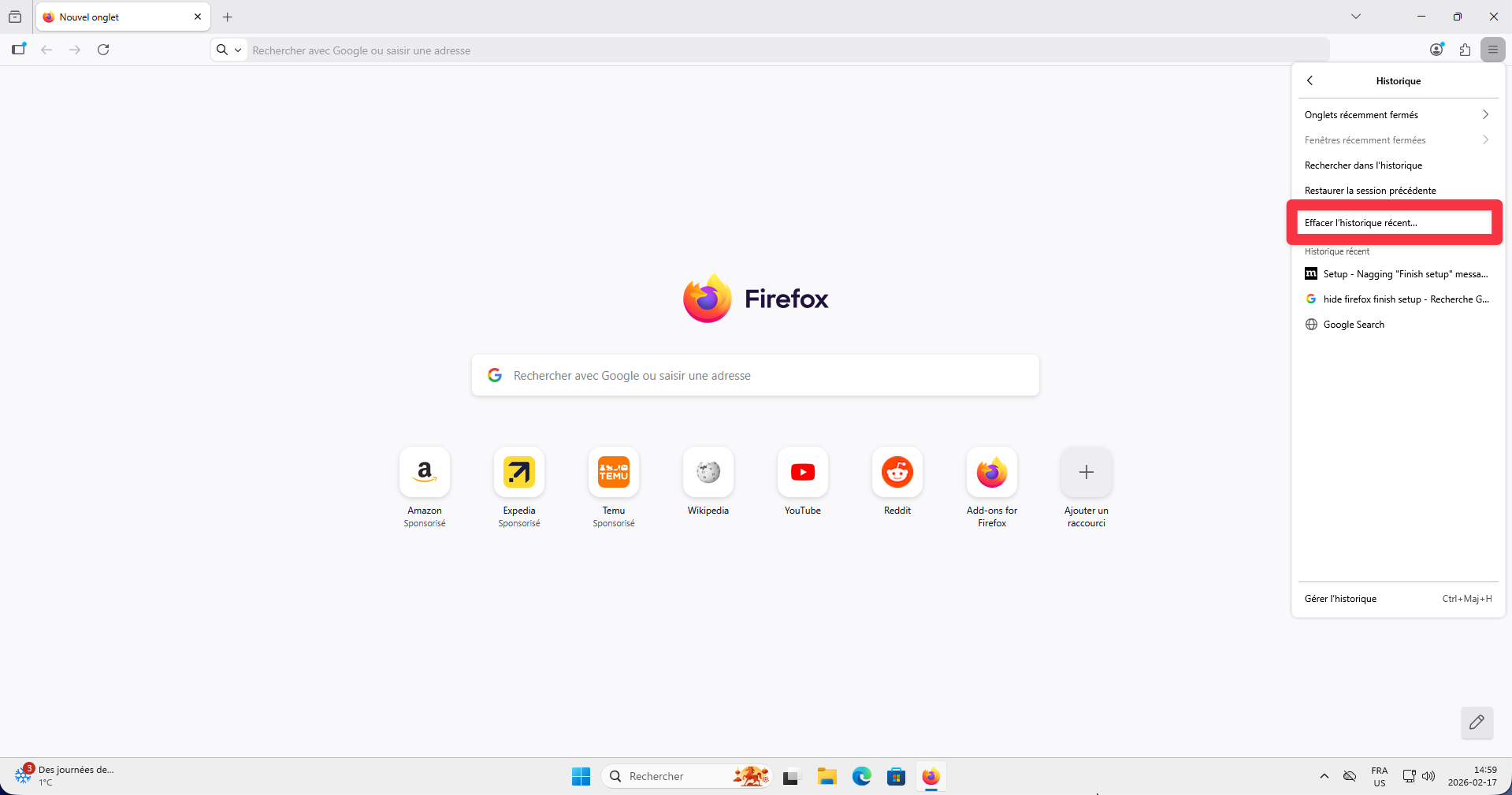 Option Effacer l'historique récent dans le sous-menu Historique de Firefox