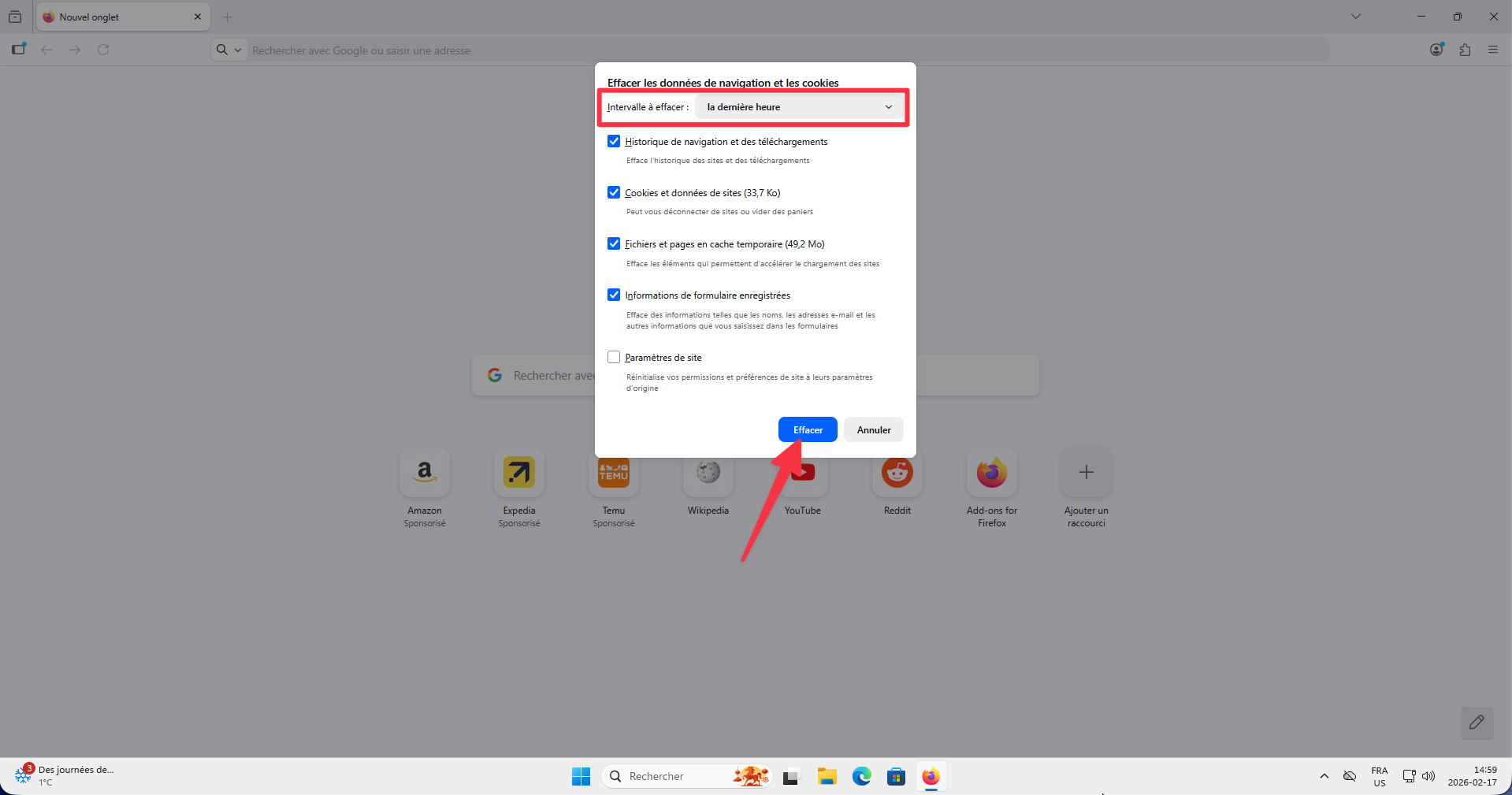 Fenêtre Effacer les données de navigation dans Firefox sur Windows