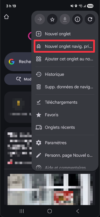 Option Nouvel onglet de navigation privée dans le menu Chrome