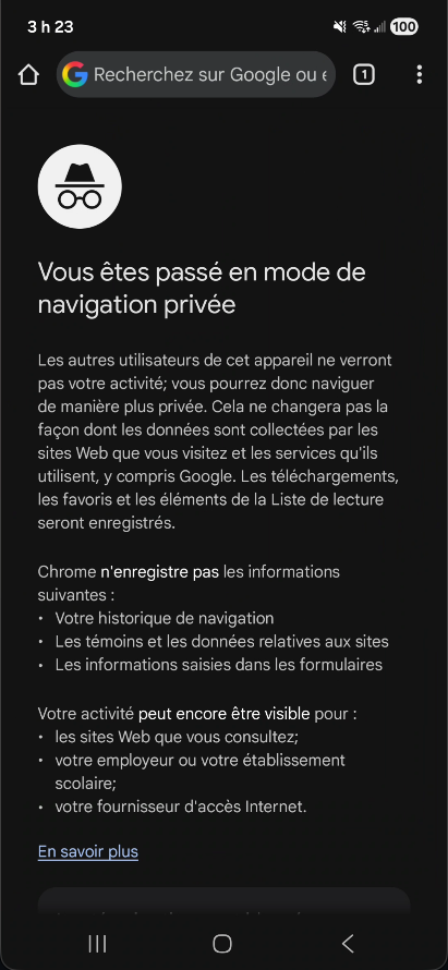 Chrome en mode navigation privée sur Android