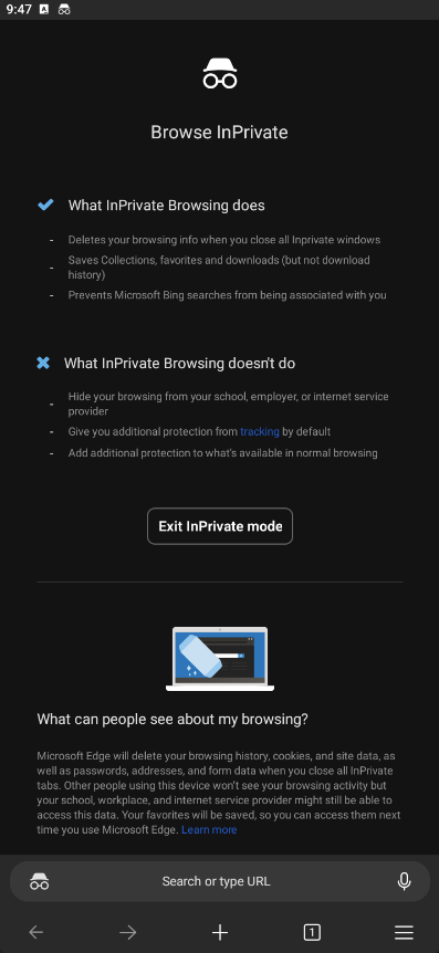 Edge en mode InPrivate sur Android
