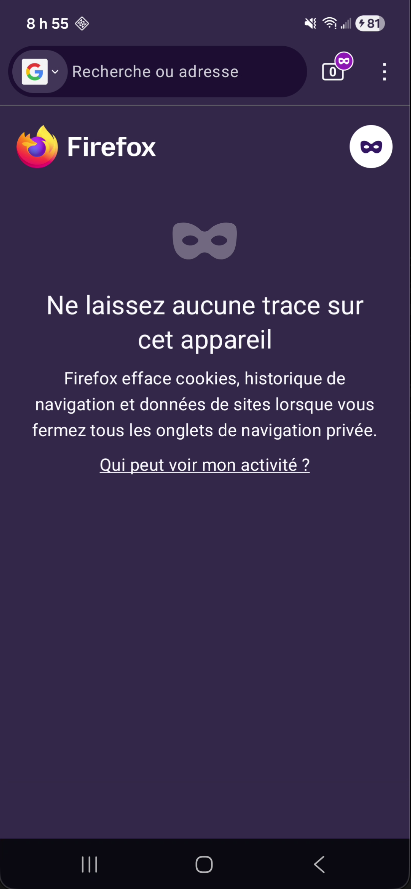 Page d'accueil d'un onglet privé dans Firefox