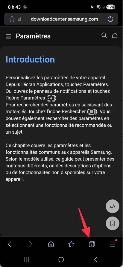Icône des onglets dans Samsung Internet