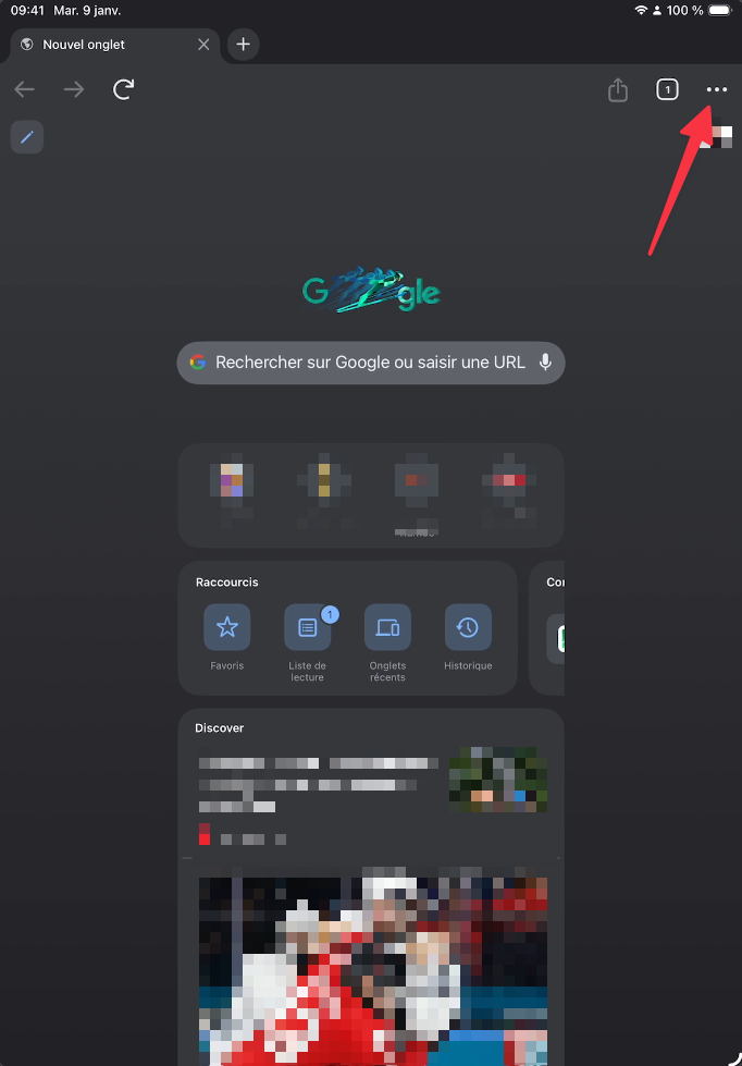 Menu trois points dans Chrome sur iPad