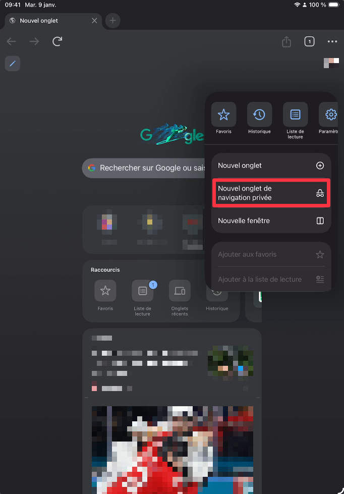 Option Nouvel onglet de navigation privée dans Chrome