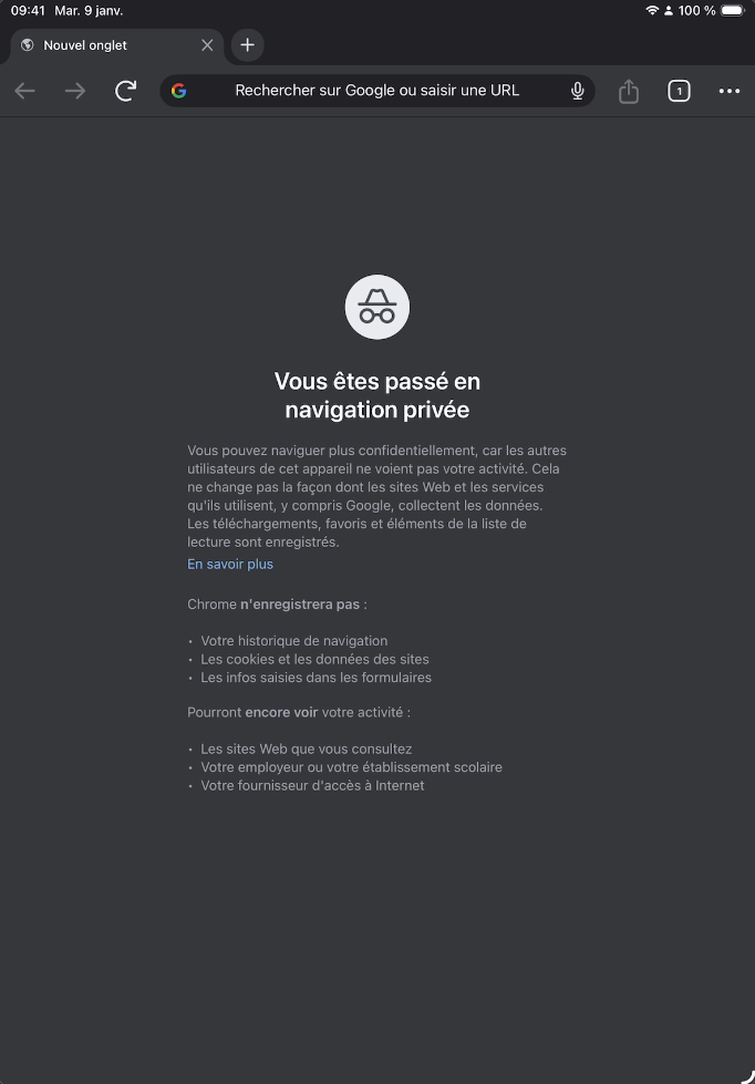 Chrome en mode navigation privée sur iPad