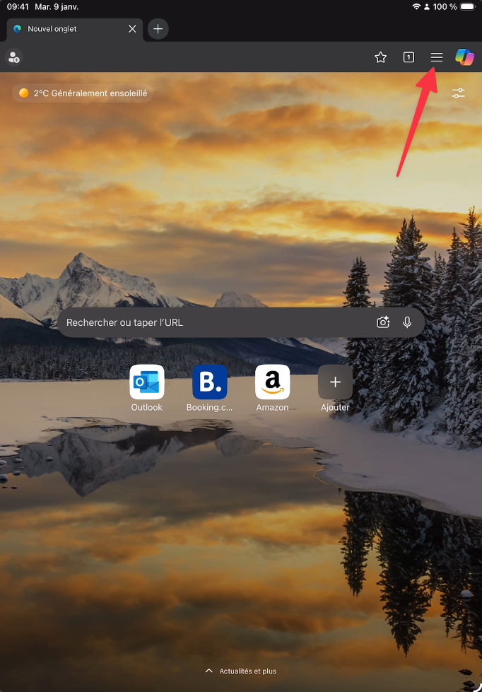 Menu trois points dans Edge sur iPad