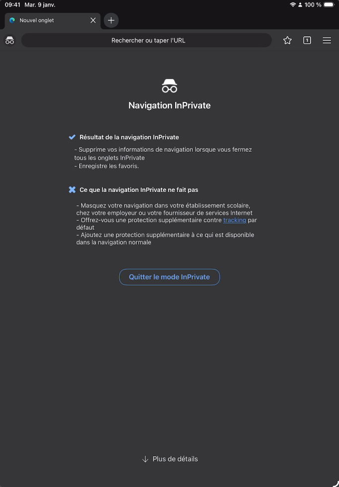 Edge en mode InPrivate sur iPad