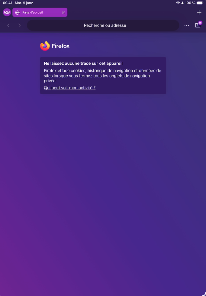 Page d'accueil d'un onglet privé dans Firefox