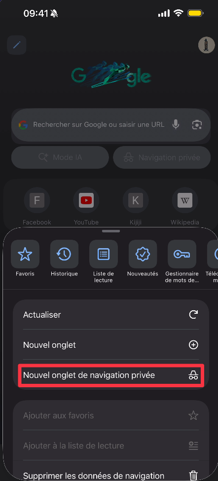 Option Nouvel onglet de navigation privée dans Chrome