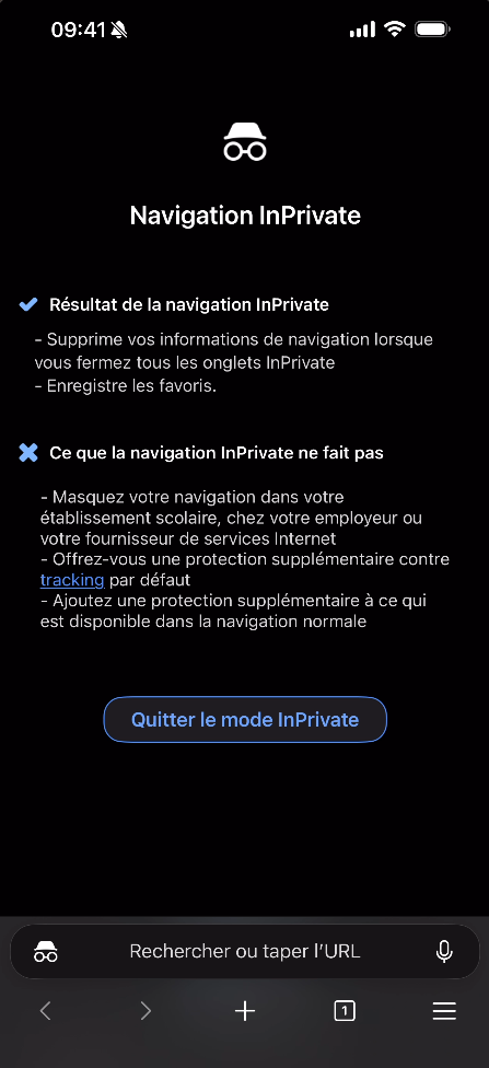 Edge en mode InPrivate sur iPhone