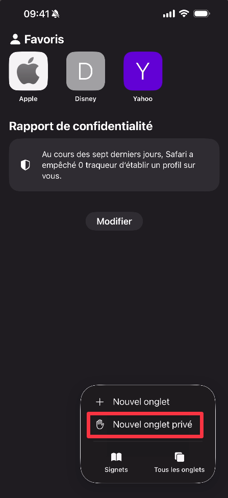 Option Nouvel onglet privé dans Safari