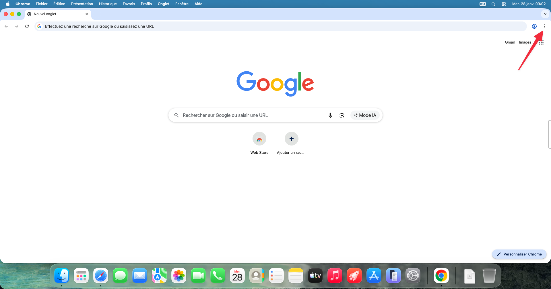 Menu trois points dans Chrome sur Mac