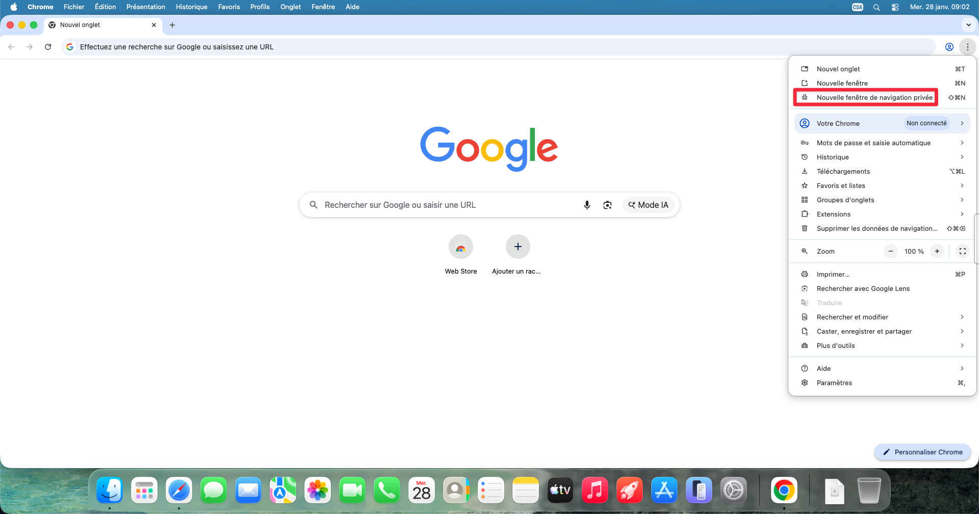 Option Nouvelle fenêtre de navigation privée dans le menu Chrome