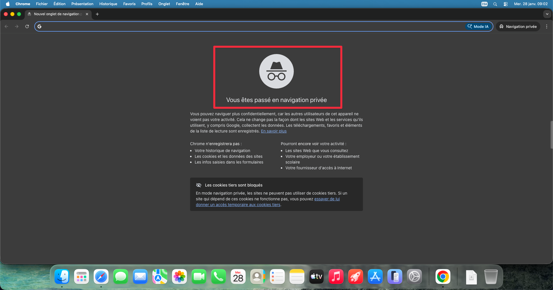 Fenêtre Chrome en mode navigation privée