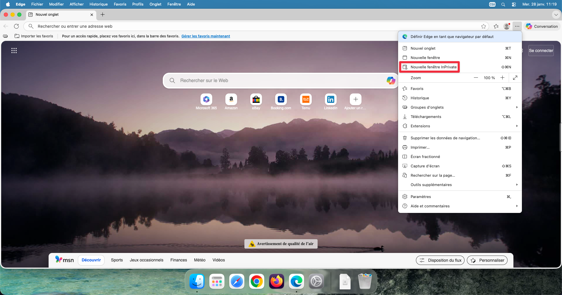 Option Nouvelle fenêtre InPrivate dans le menu Edge