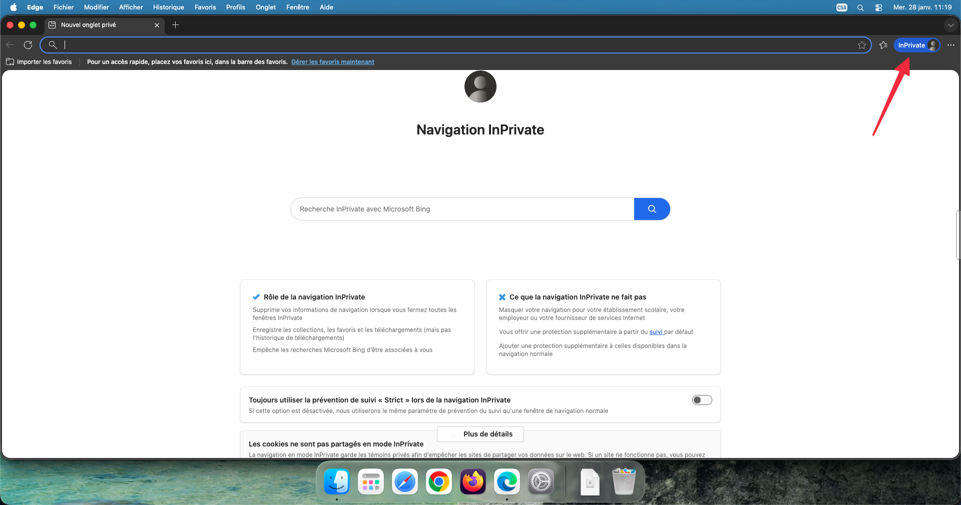 Fenêtre Edge en mode navigation InPrivate