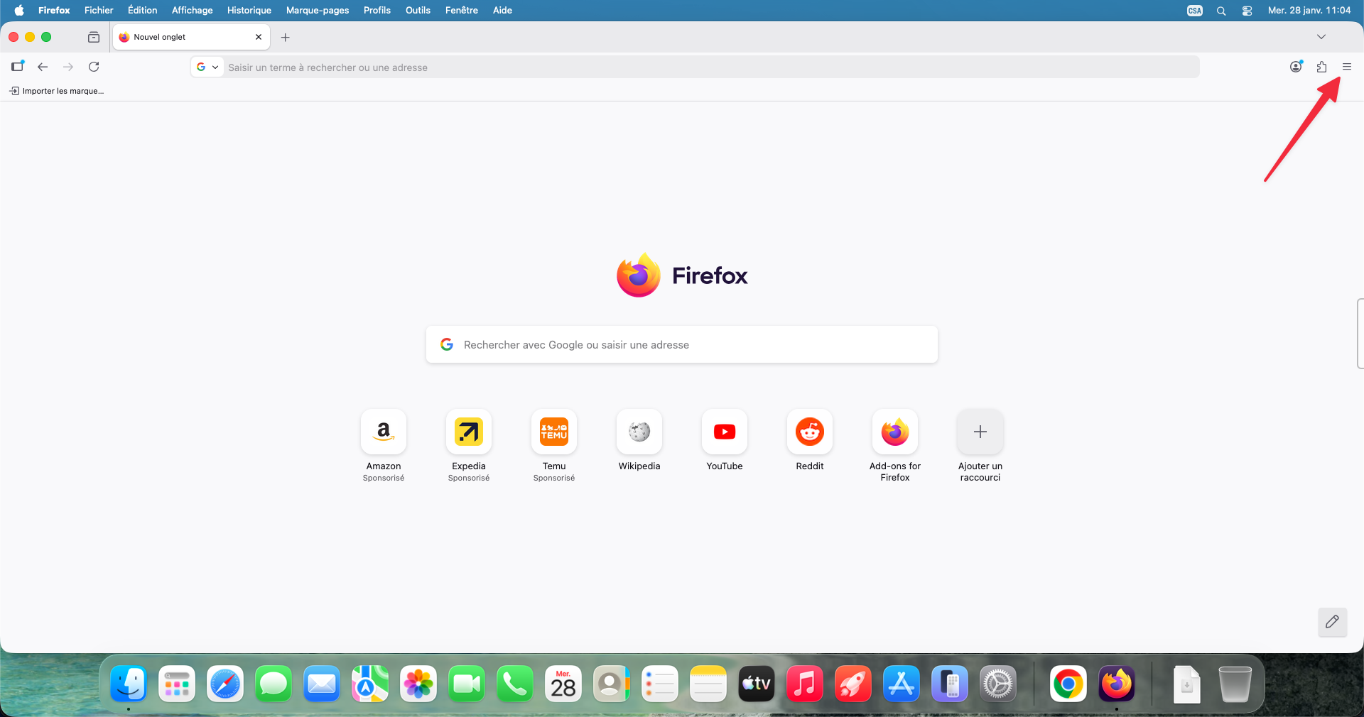 Menu hamburger dans Firefox sur Mac