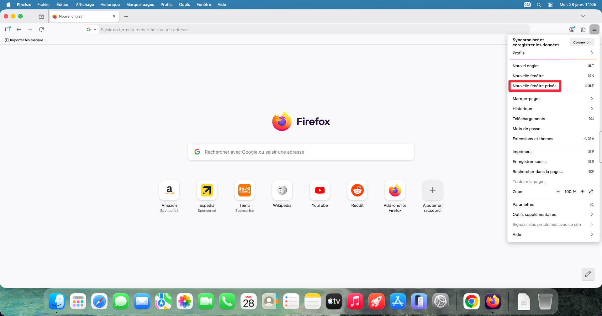 Option Nouvelle fenêtre privée dans le menu Firefox