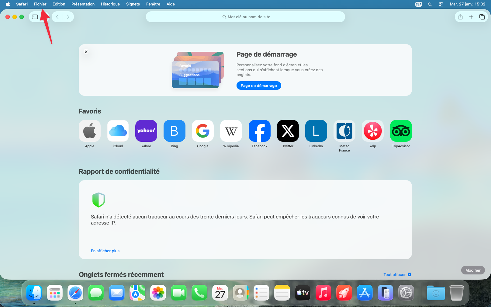 Menu Fichier dans Safari sur Mac