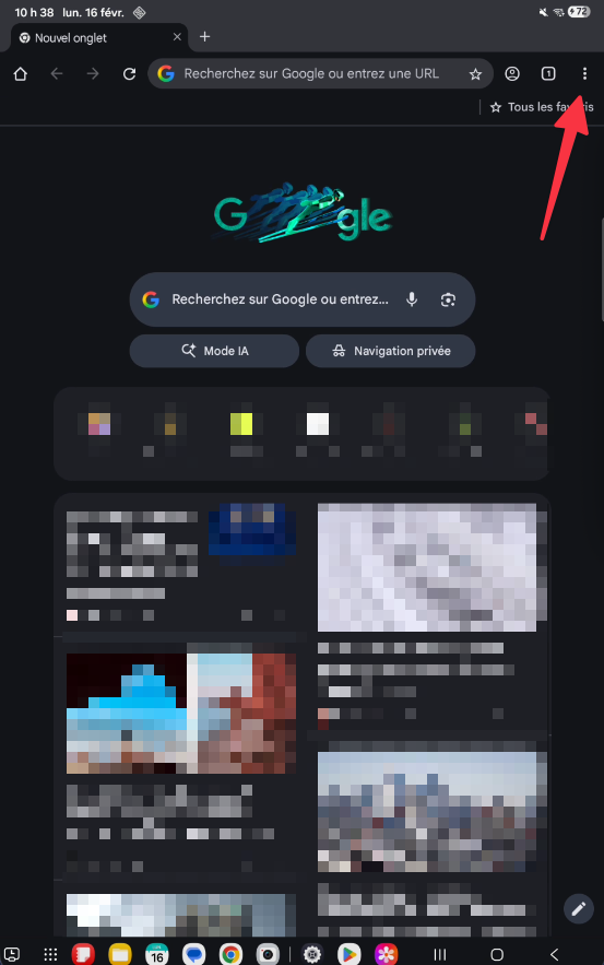 Page d'accueil Chrome avec bouton Navigation privée sur tablette Android