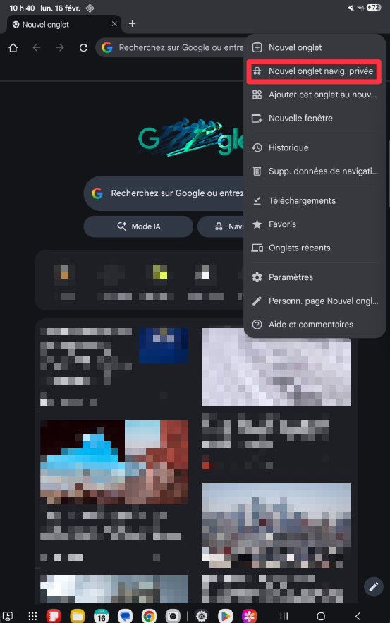 Menu Chrome avec option Nouvel onglet navigation privée
