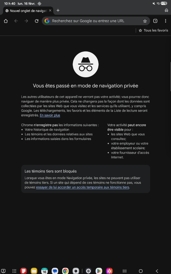Chrome en mode navigation privée sur tablette Android