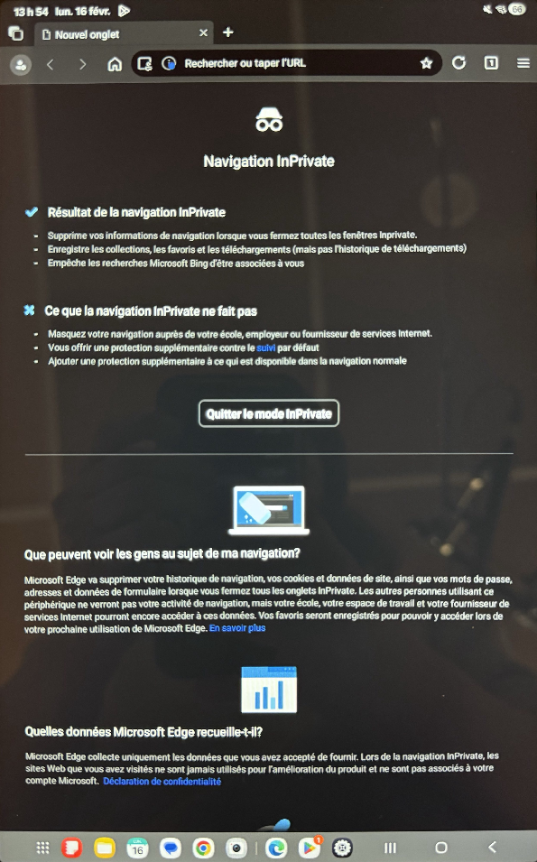 Edge en mode InPrivate sur tablette Android