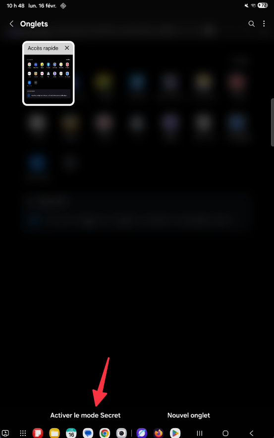 Bouton Activer le mode Secret dans Samsung Internet