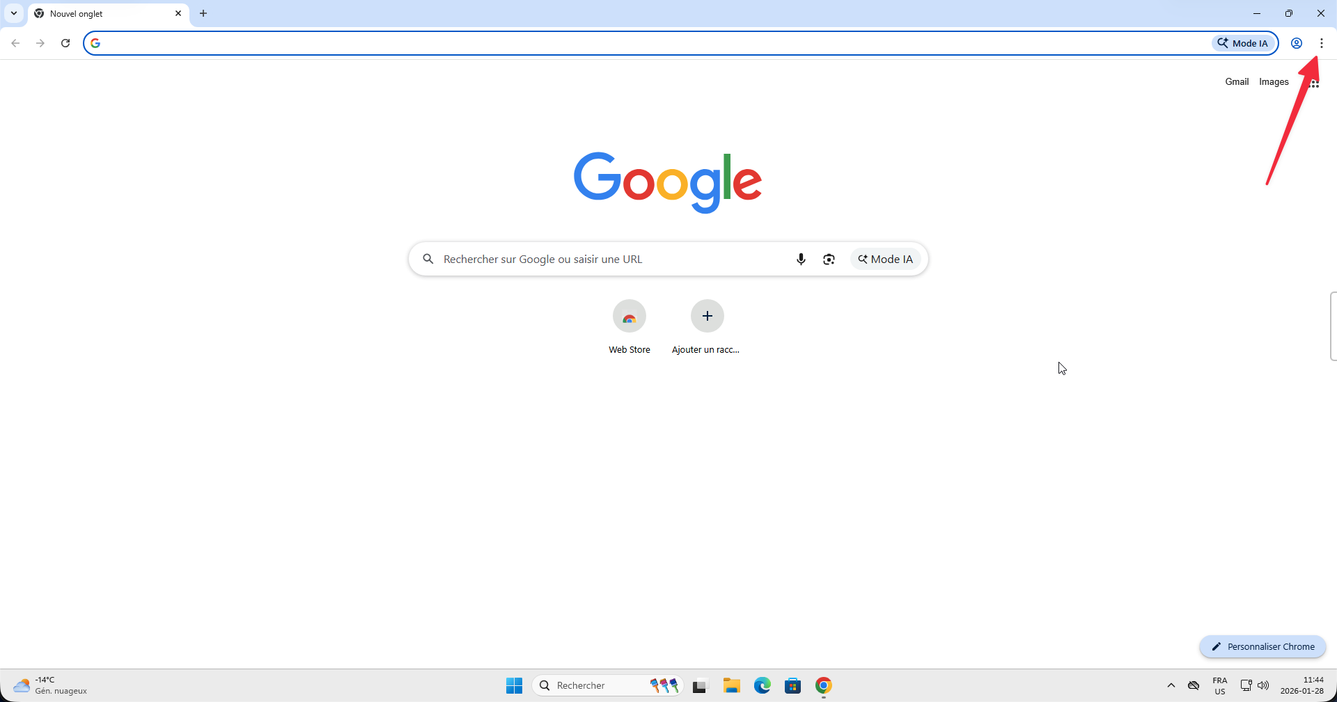 Menu trois points dans Chrome sur Windows