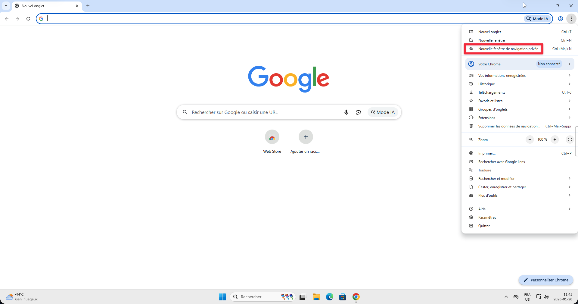 Option Nouvelle fenêtre de navigation privée dans le menu Chrome
