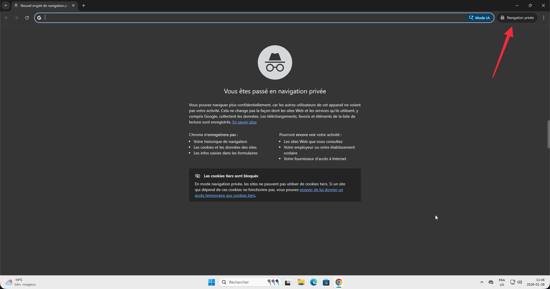 Fenêtre Chrome en mode navigation privée